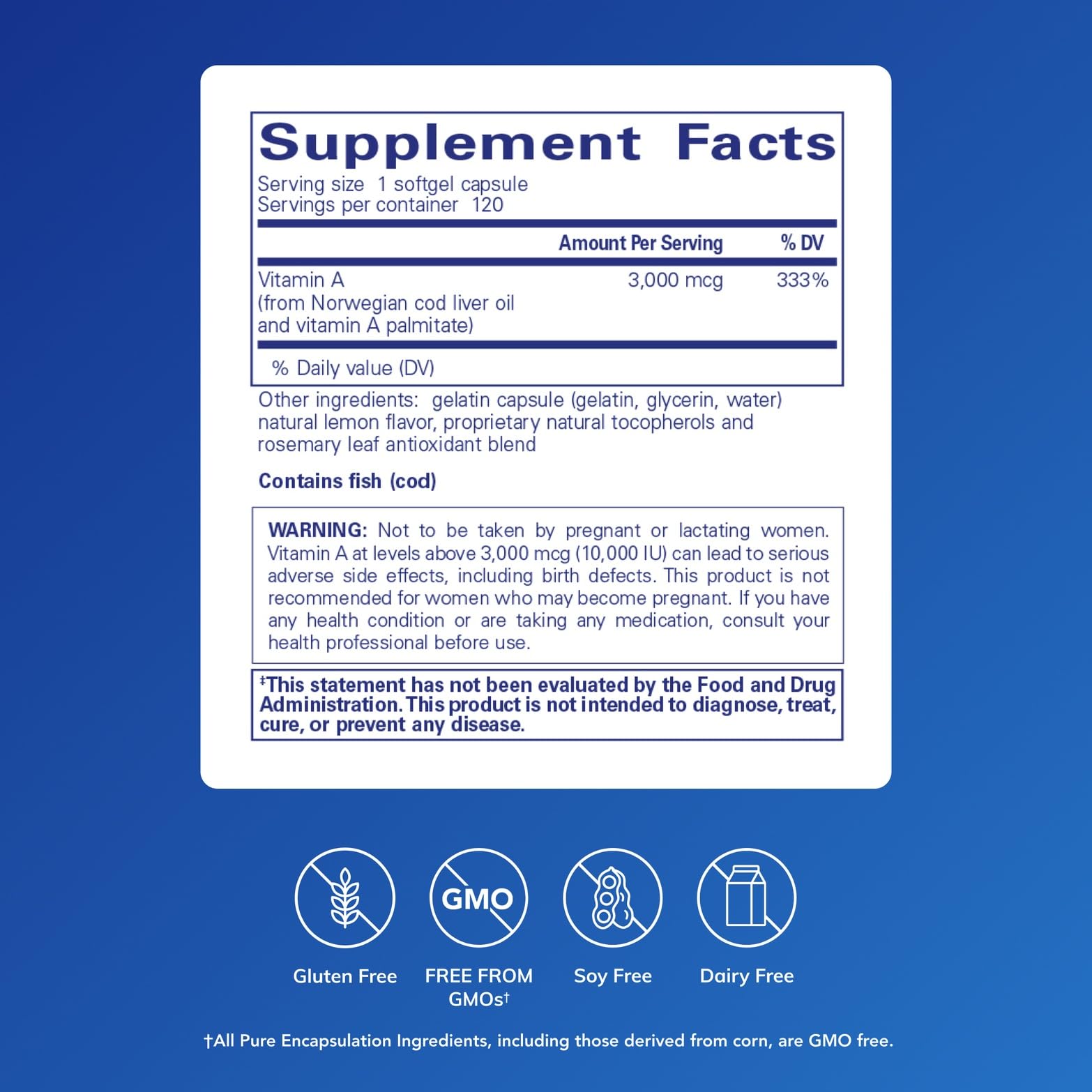 Pure Encapsulations Vitamin A softgels close-up, cod liver oil origin for eye health.