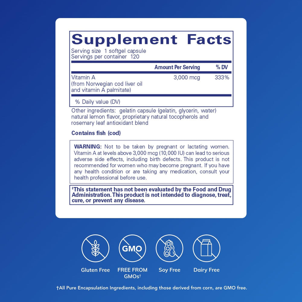 Pure Encapsulations Vitamin A softgels close-up, cod liver oil origin for eye health.