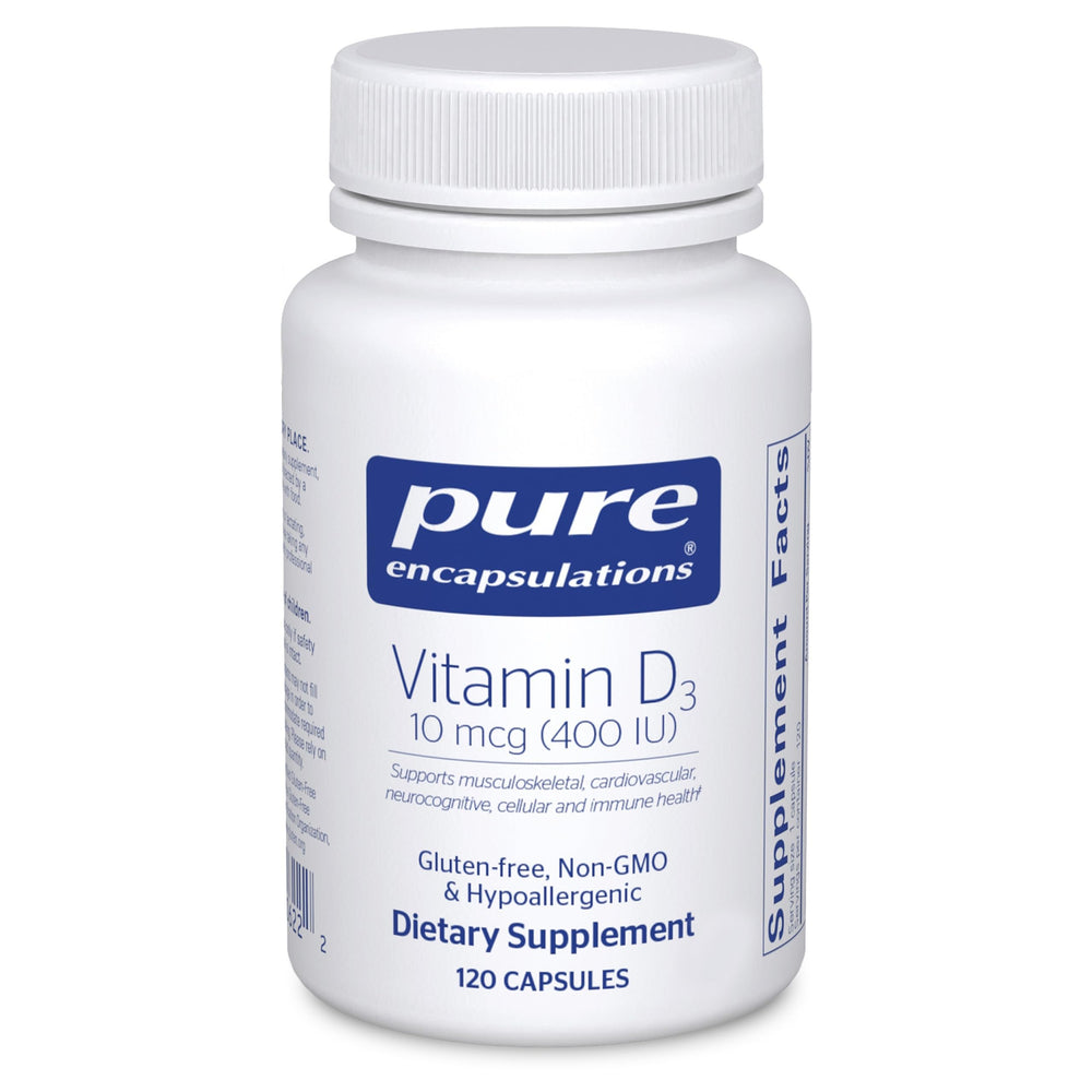 Pure Encapsulations Vitamin D3 bottle with capsules highlighting purity and potency