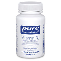 Pure Encapsulations Vitamin D3 bottle with capsules highlighting purity and potency