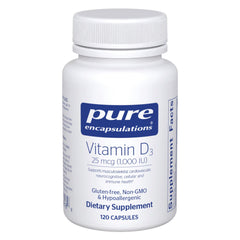 Pure Encapsulations Vitamin D3 1000 IU bottle front view supports bone and immune function.