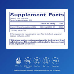 Pure Encapsulations Vitamin D3 125mcg bottle pour for easy daily bone health support.