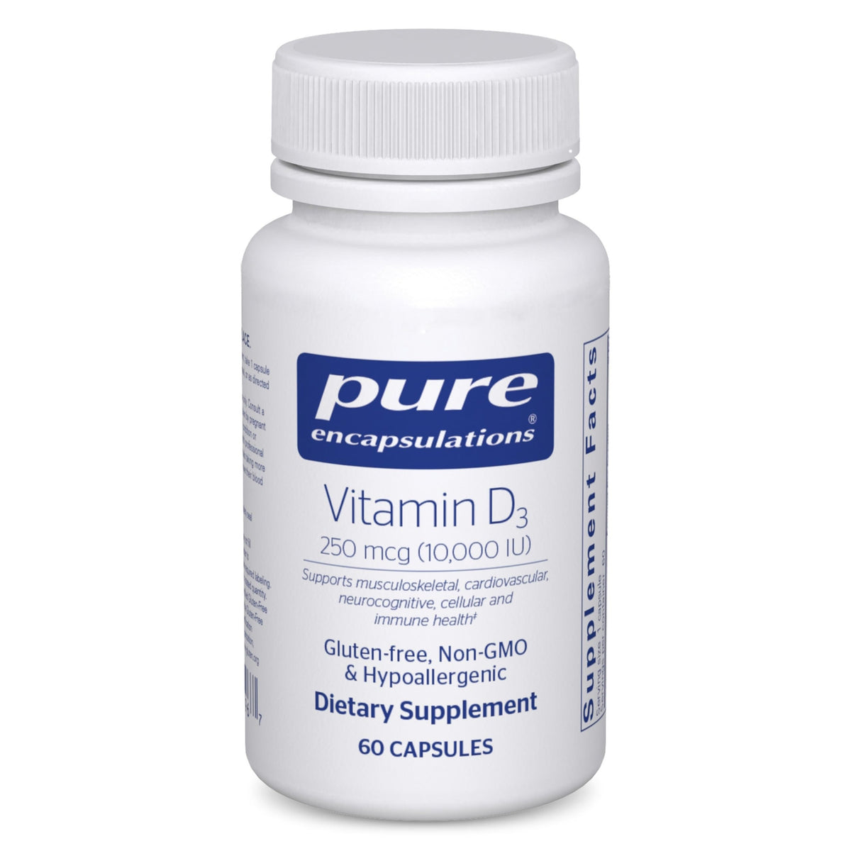 Pure Encapsulations Vitamin D3 250 mcg bottle front, supports bone and immune health.