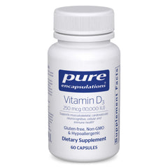 Pure Encapsulations Vitamin D3 250 mcg bottle front, supports bone and immune health.