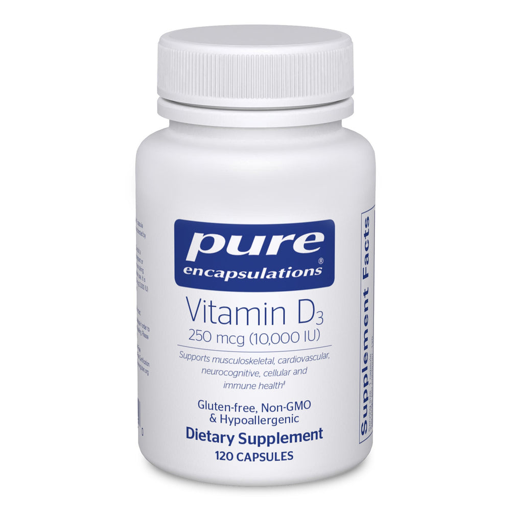 Pure Encapsulations Vitamin D3 250 mcg bottle for daily bone and immune support.