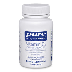 Pure Encapsulations Vitamin D3 250 mcg bottle for daily bone and immune support.