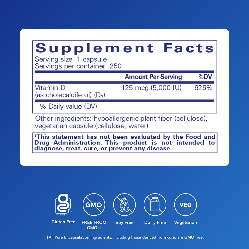 Pure Encapsulations Vitamin D3 bottle back with supplement details for immune support