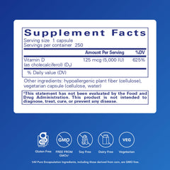 Pure Encapsulations Vitamin D3 bottle back with supplement details for immune support