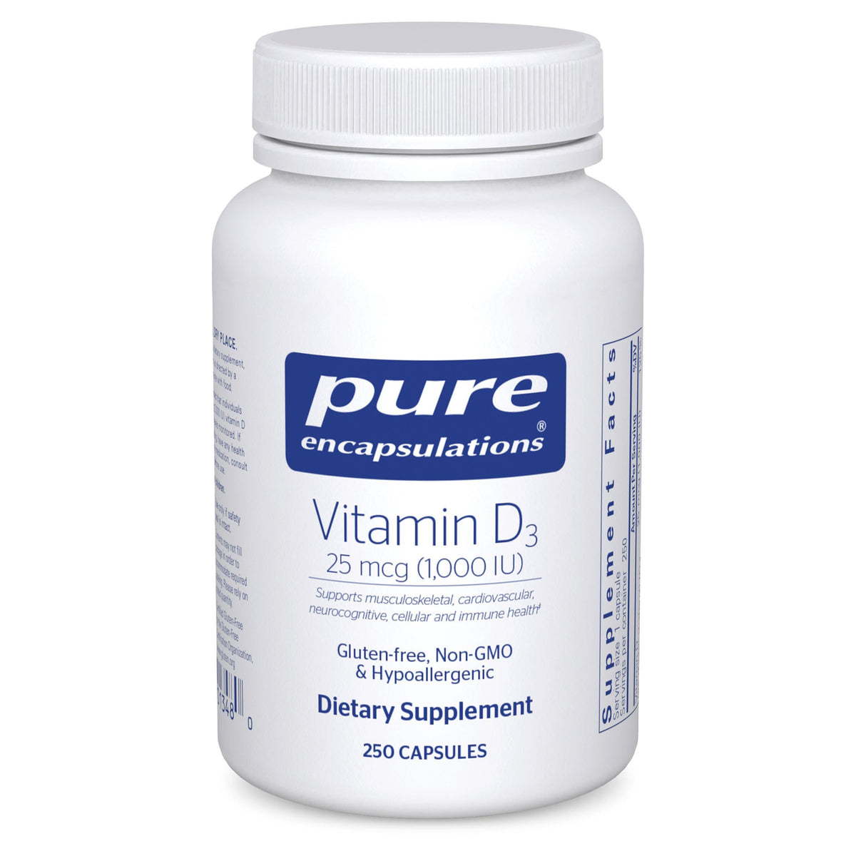 Pure Encapsulations Vitamin D3 bottle front promotes daily bone and immune support.