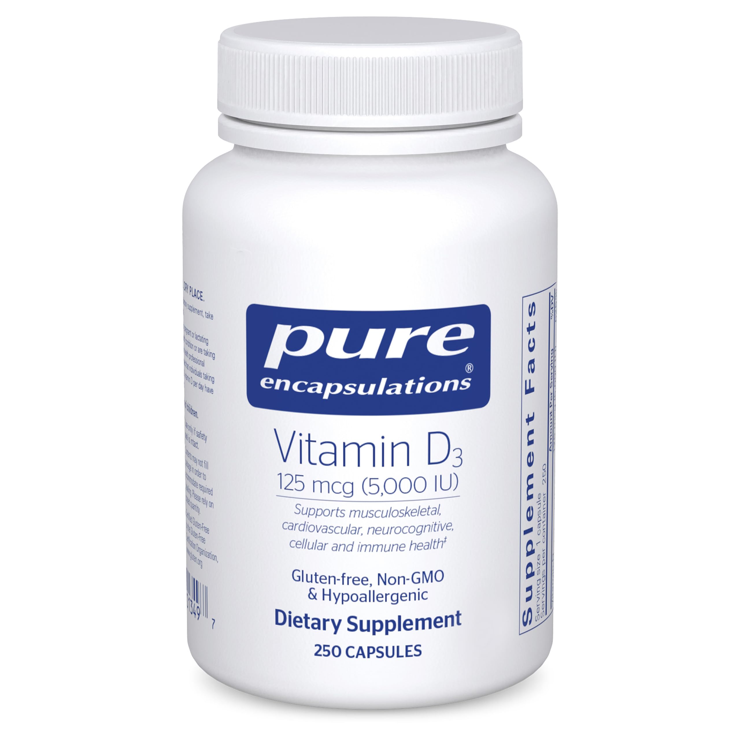 Pure Encapsulations Vitamin D3 bottle front showing 125 mcg dosage for bone support