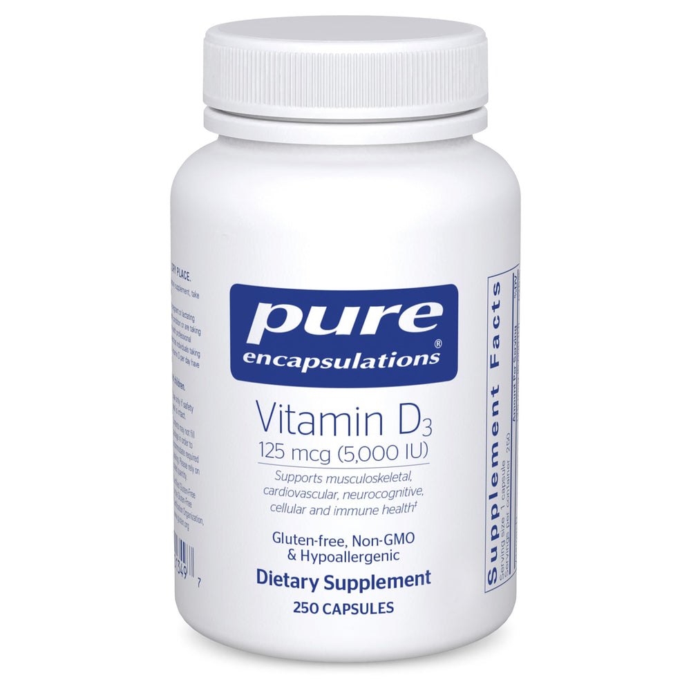 Pure Encapsulations Vitamin D3 bottle front showing 125 mcg dosage for bone support