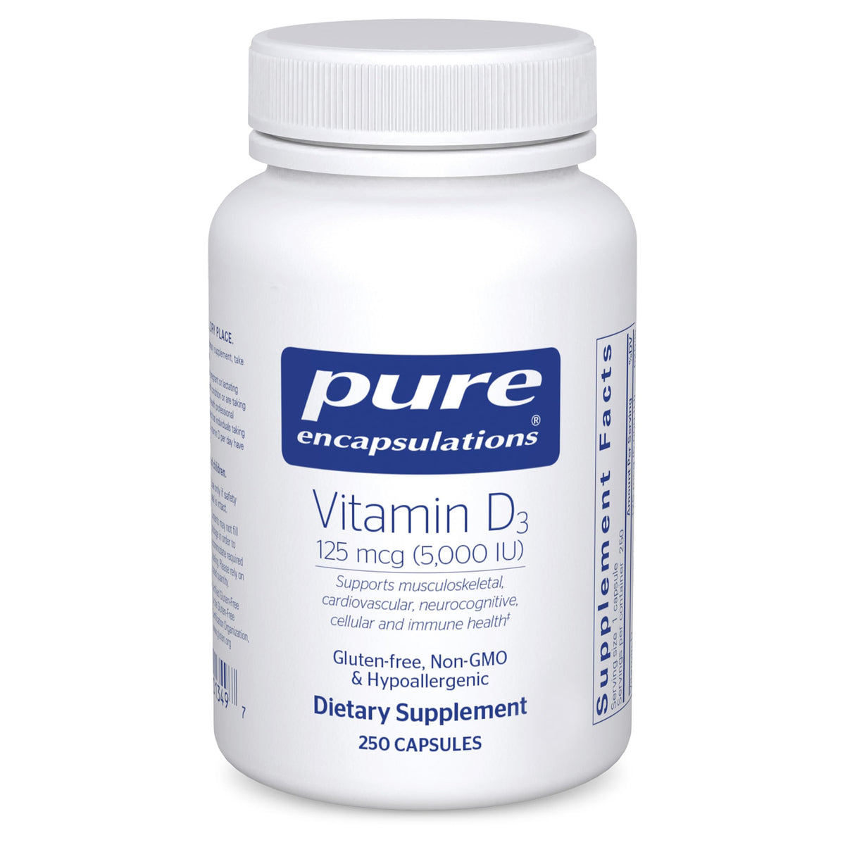 Pure Encapsulations Vitamin D3 bottle front showing 125 mcg dosage for bone support