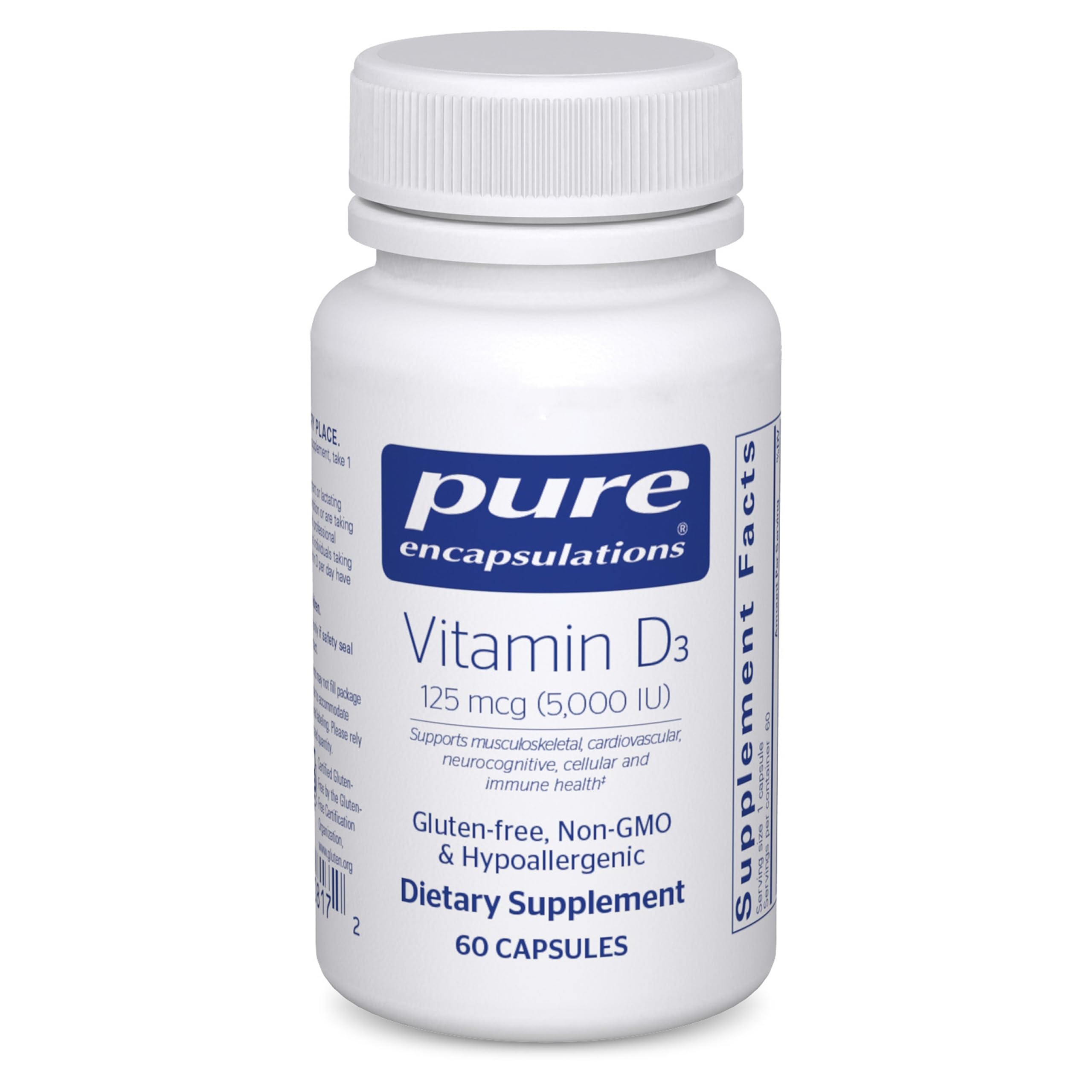 Pure Encapsulations Vitamin D3 bottle front showing 5,000 IU per serving for daily bone support