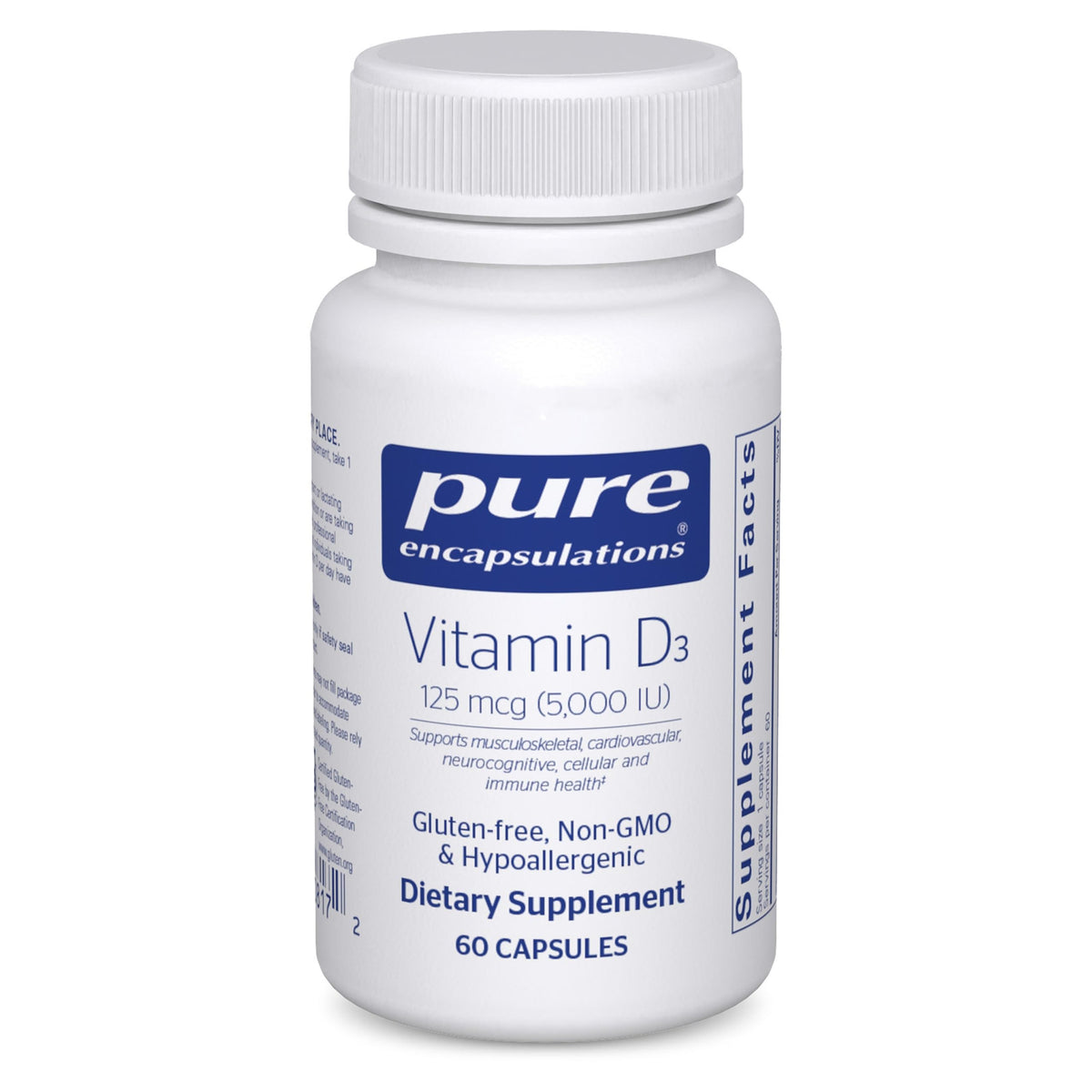 Pure Encapsulations Vitamin D3 bottle front showing 5,000 IU per serving for daily bone support