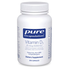 Pure Encapsulations Vitamin D3 bottle front promotes daily bone and immune support.