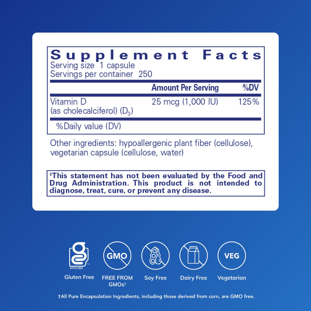 Pure Encapsulations Vitamin D3 bottle label highlights premium formulation and allergen-free ingredients.
