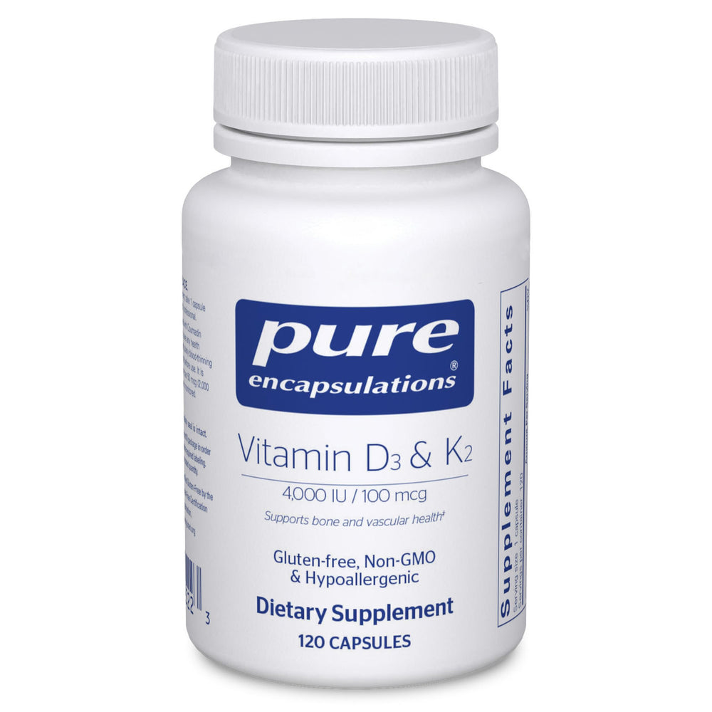 Pure Encapsulations Vitamin D3 and K2 bottle shows bone support potential.