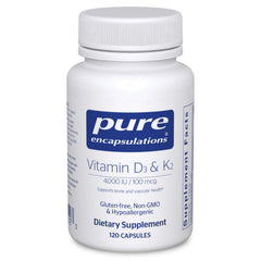 Pure Encapsulations Vitamin D3 and K2 bottle shows bone support potential.