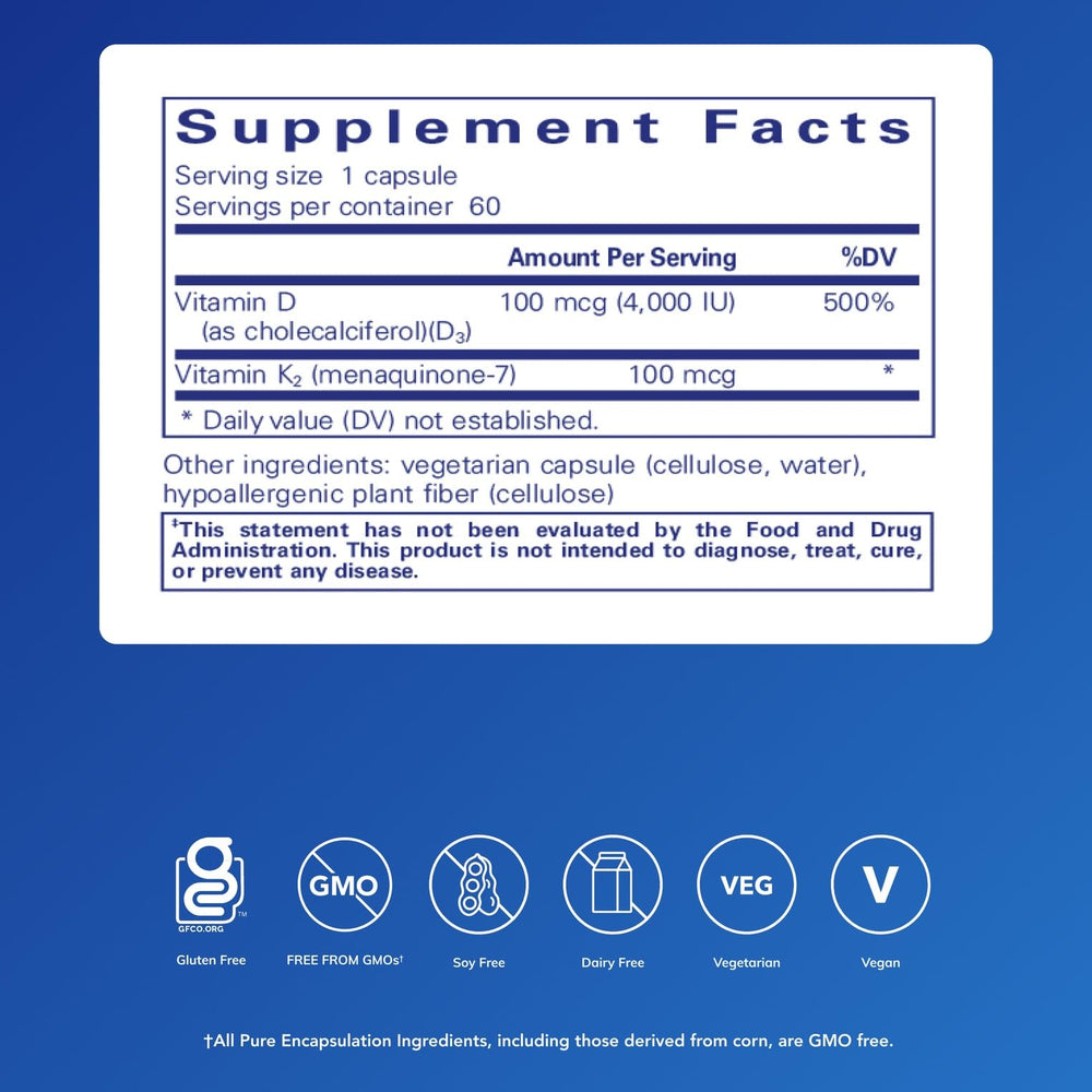 Close-up of Pure Encapsulations capsules for easy daily D3 and K2 intake