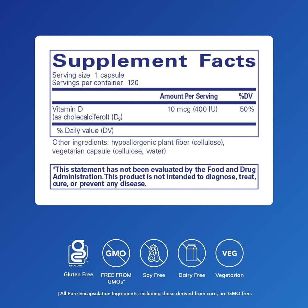 Closeup of Pure Encapsulations Vitamin D3 label showing hypoallergenic formula