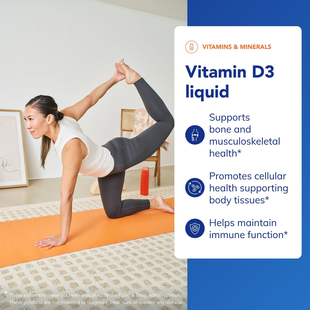 Closeup of Pure Encapsulations Vitamin D3 Liquid label showing purity and ingredients.
