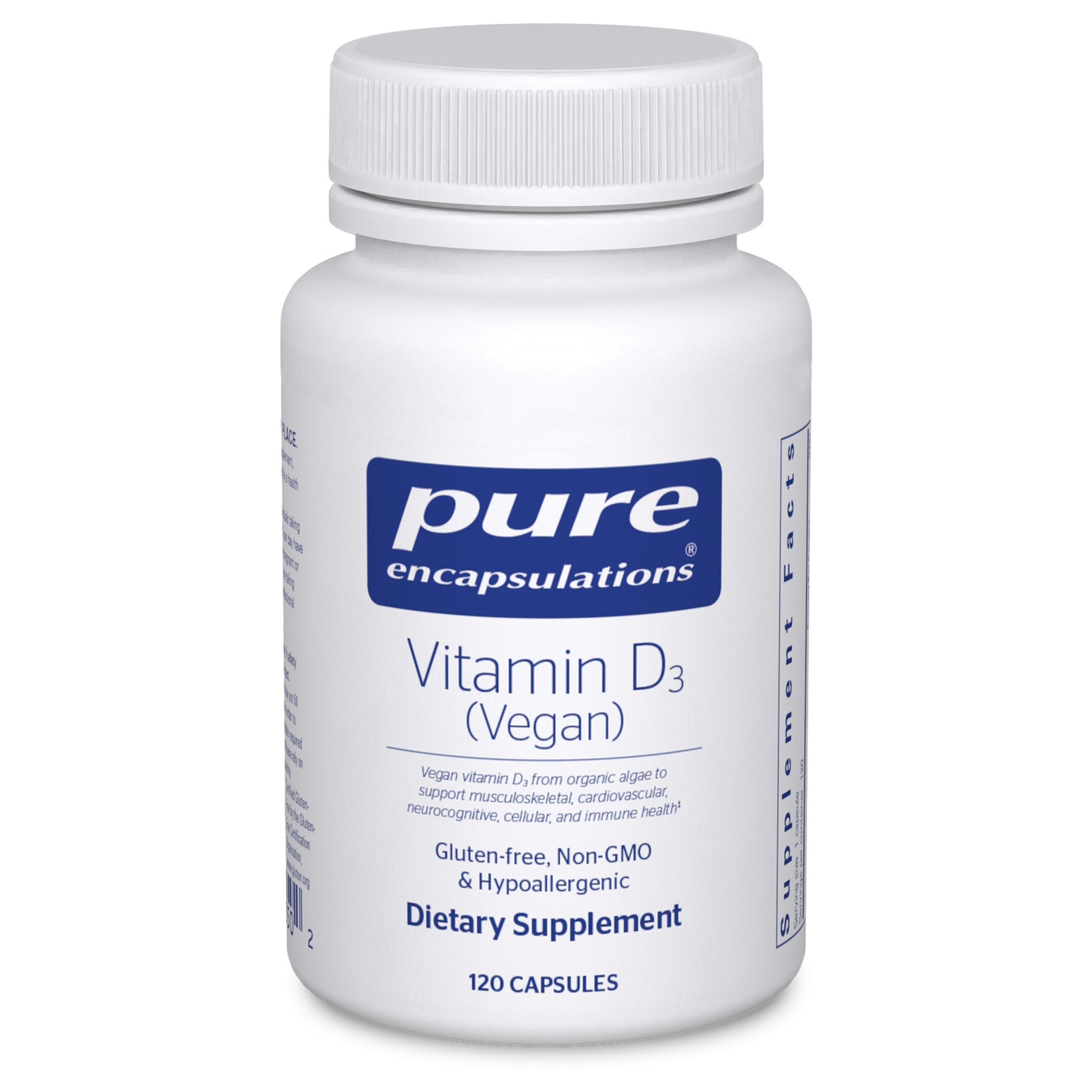 Pure Encapsulations Vitamin D3 Vegan bottle promotes daily bone and immune health support.