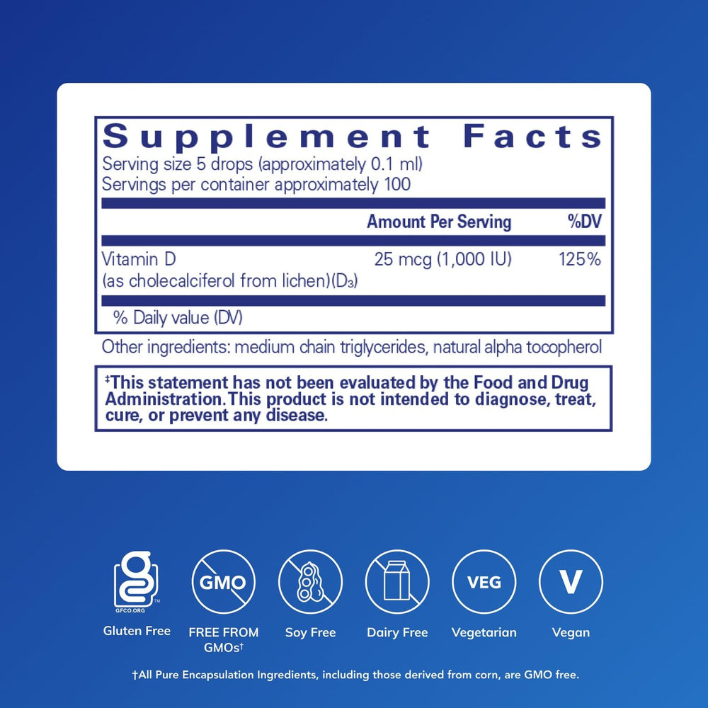 Pure Encapsulations Vitamin D3 Vegan Liquid pour showing convenient dispensing and plant-based formula.