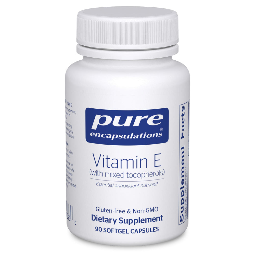 Pure Encapsulations Vitamin E bottle with mixed tocopherols highlighting antioxidant support.