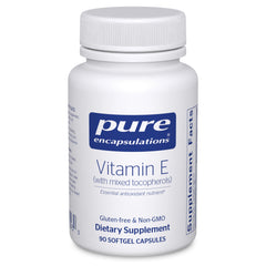 Pure Encapsulations Vitamin E bottle with mixed tocopherols highlighting antioxidant support.
