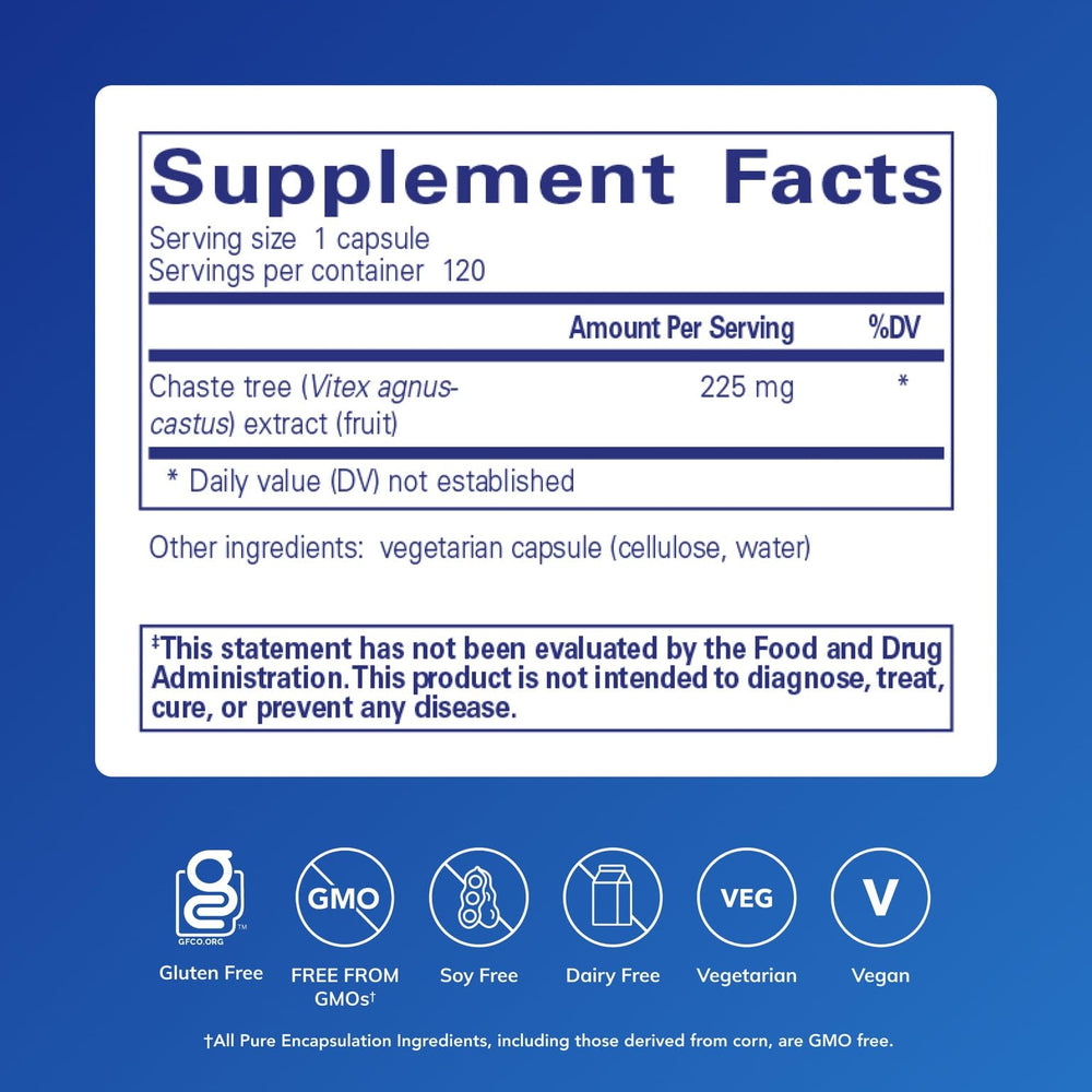 Closeup of Pure Encapsulations Vitex capsules highlighting vegan non-GMO formula.