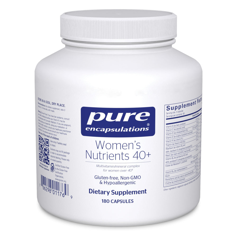 Pure Encapsulations Women's Nutrients 40+ bottle front, daily multivitamin for women over 40.