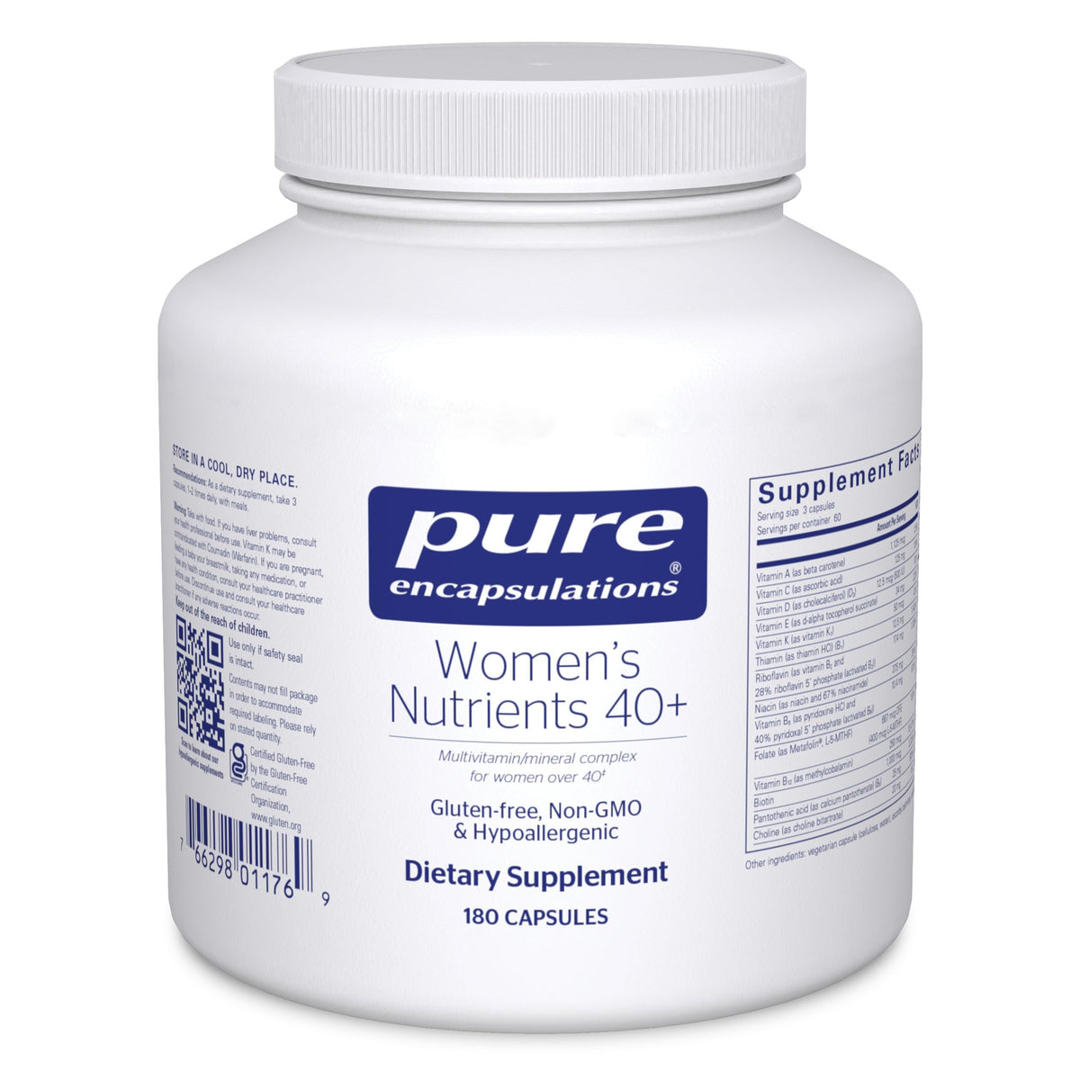 Pure Encapsulations Women's Nutrients 40+ bottle front, daily multivitamin for women over 40.