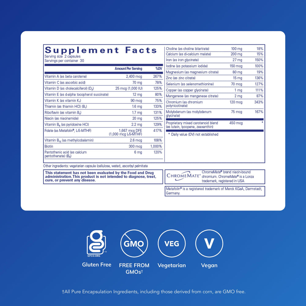 Pure Encapsulations Women’s Nutrients capsules close-up highlighting high-absorption minerals for energy.