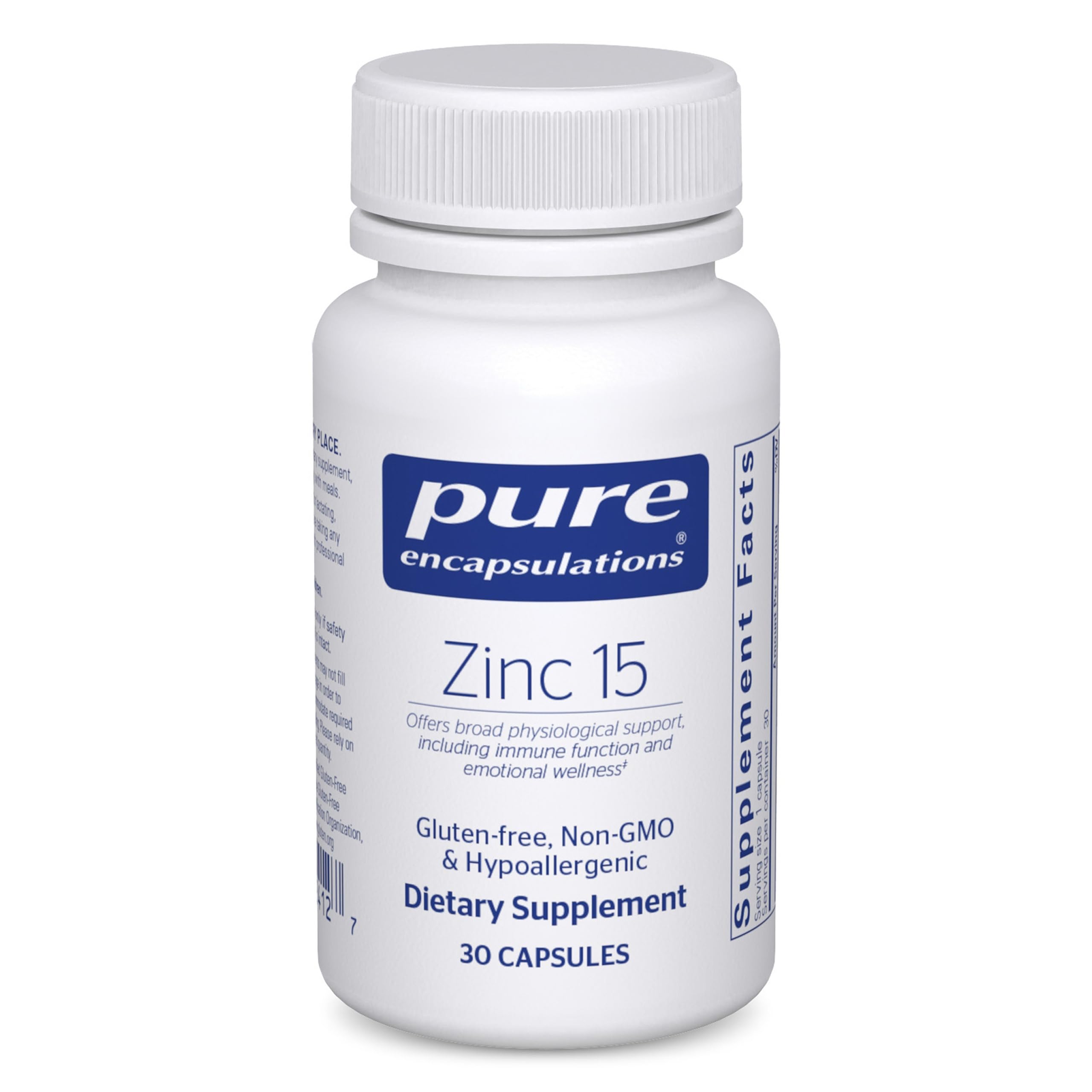 Pure Encapsulations Zinc 15 mg capsule close-up, supporting immune and cognitive function
