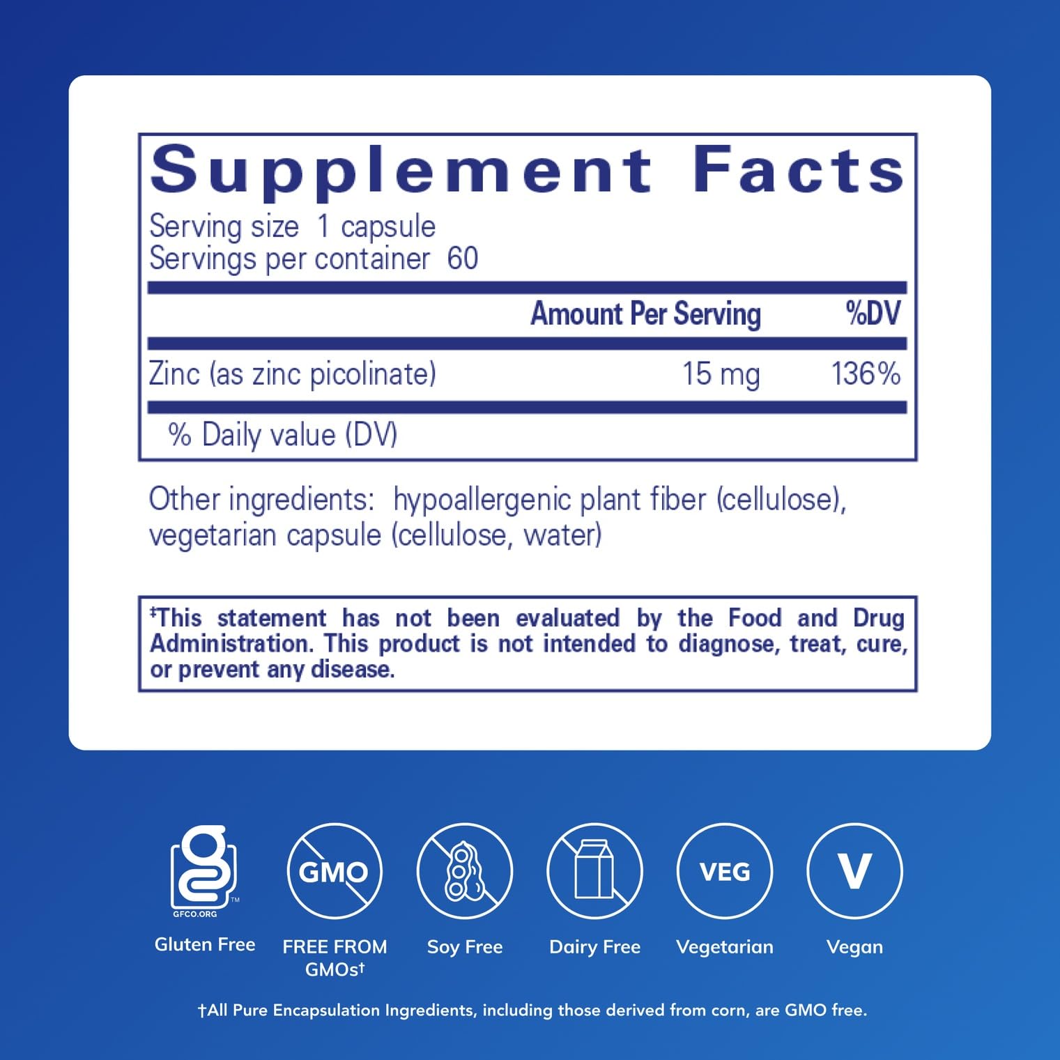 Pure Encapsulations Zinc 15 mg label highlights zinc picolinate.