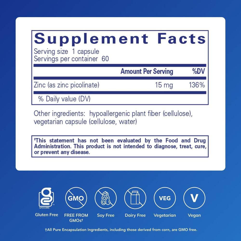Pure Encapsulations Zinc 15 mg label highlights zinc picolinate.