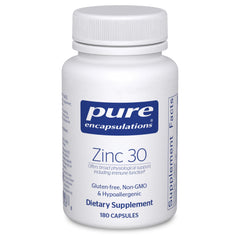 Pure Encapsulations Zinc 30mg bottle for daily immune support potential.