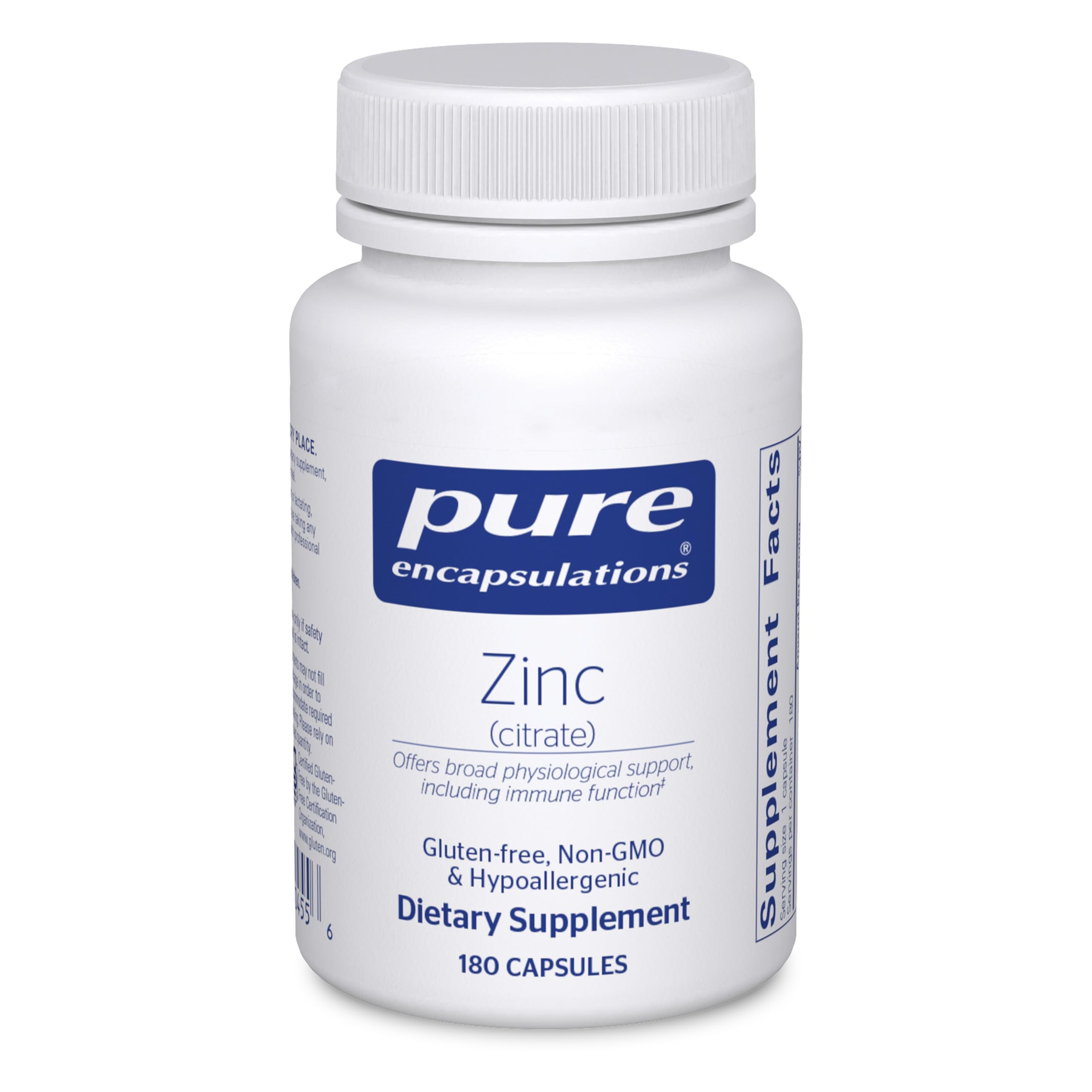 Pure Encapsulations Zinc citrate bottle-front with clear dosage for daily use