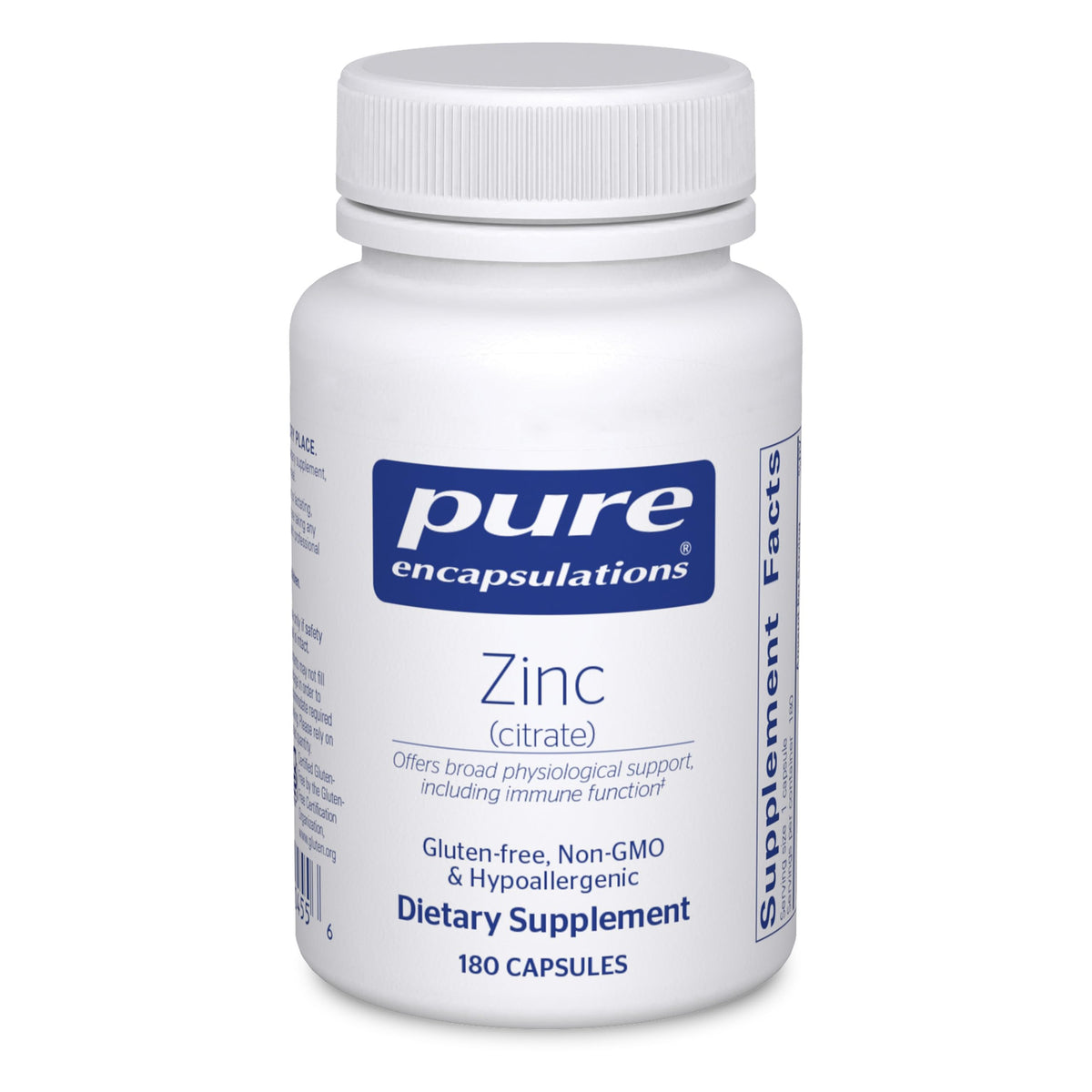 Pure Encapsulations Zinc citrate bottle-front with clear dosage for daily use