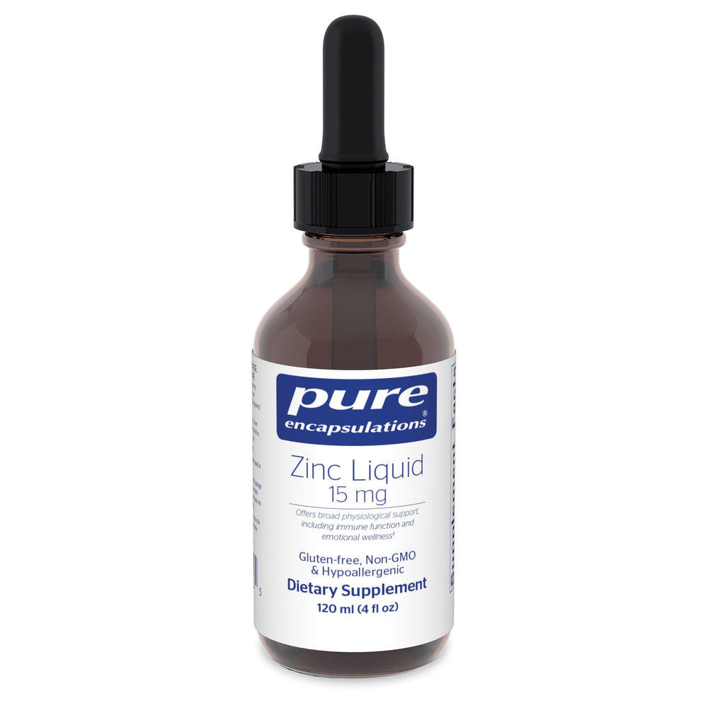Pure Encapsulations Zinc Liquid bottle ready for easy daily dosing and immune-friendly routines.
