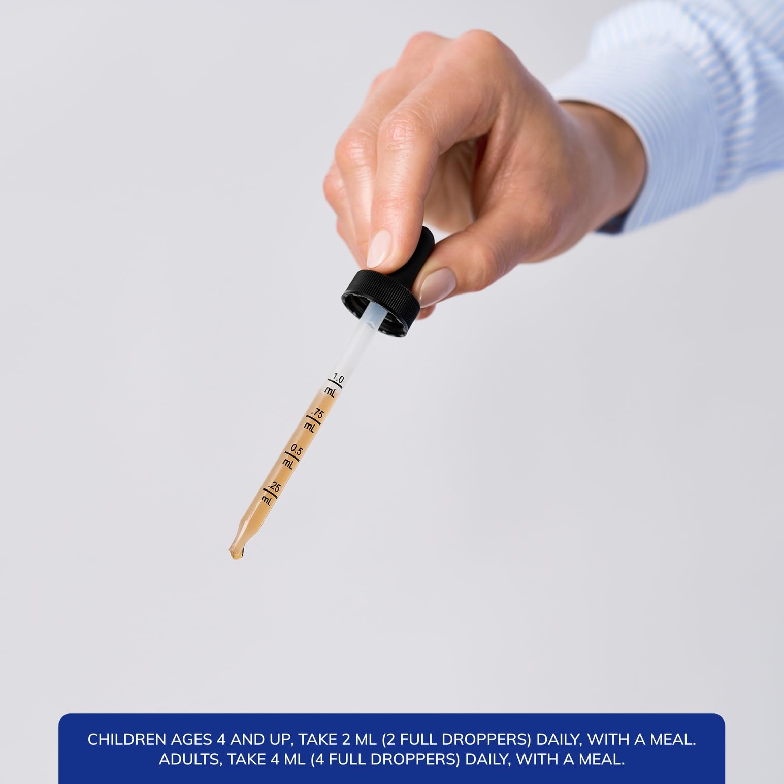 Dosing dropper shown enabling precise measurement for consistent daily intake.