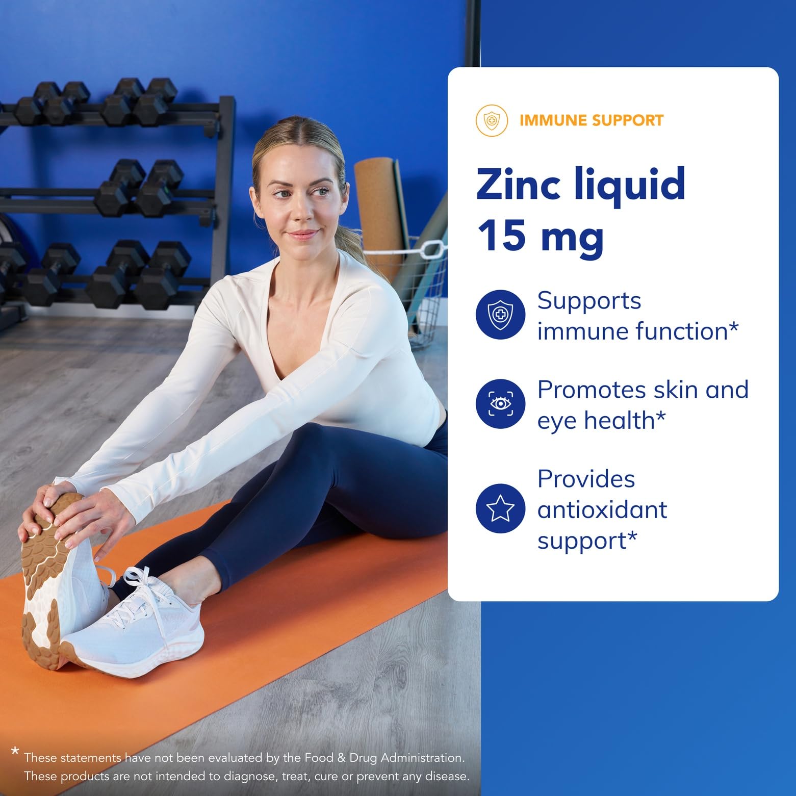 Label info view emphasizing 15 mg zinc and allergen-free formulation.