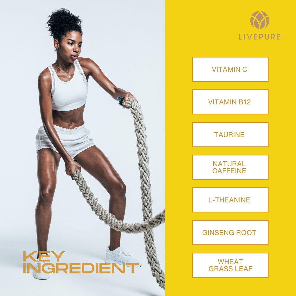 PURE Energy Drink Mix tub with ingredients label features organic wheatgrass