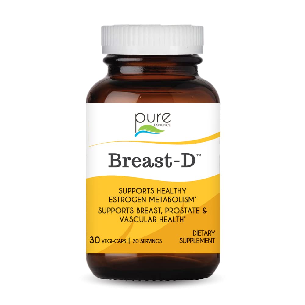 Pure Essence Breast-D bottle front shows soft capsules that may support hormonal balance.
