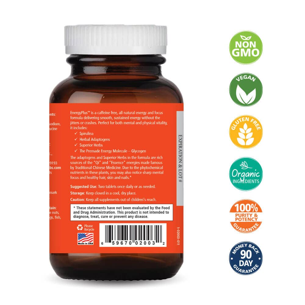EnergyPlus tablets closeup showing herbal formula for smooth energy without crash