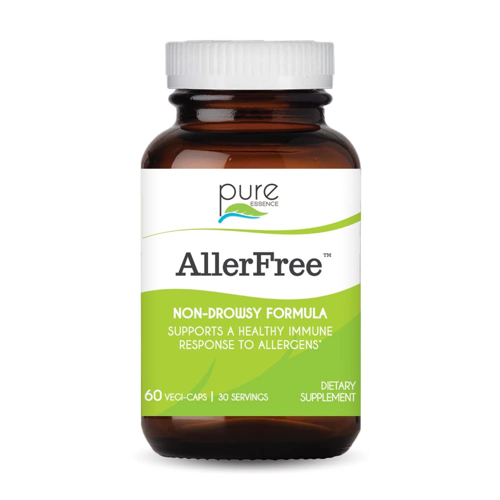 Pure Essence Labs AllerFree bottle with capsules for non-drowsy allergy relief.