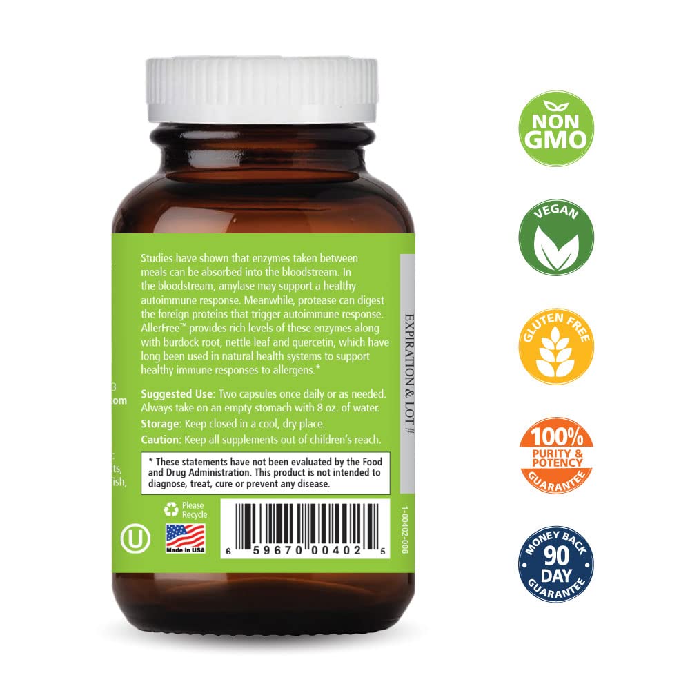 AllerFree enzyme blend label highlights amylase and protease ingredients.
