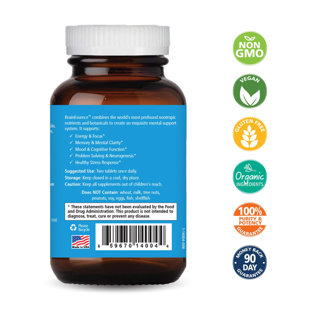 Brain Essence tablet close-up showing compact daily focus pills