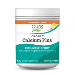 Pure Essence Labs Ionic Fizz Calcium Plus bottle front with orange vanilla flavor for bone support.
