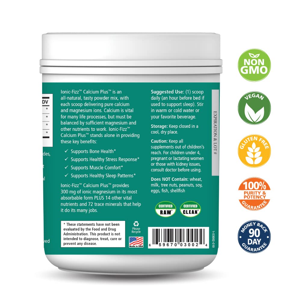 Pure Essence Labs Ionic Fizz Calcium Plus ingredients panel showing calcium-magnesium cofactors for mineral balance.